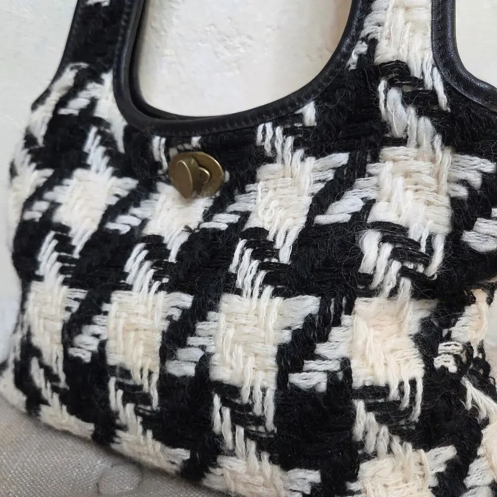 Miu Miu Houndstooth Wool Leather Black White Shoulder Bag Purse Turn Lock✨️Y2K - Picture 4 of 15